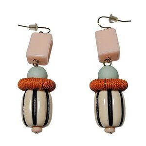 Handmade Retro 70s Beaded Earrings Pink Green Orange Accents Fashion Jewelry